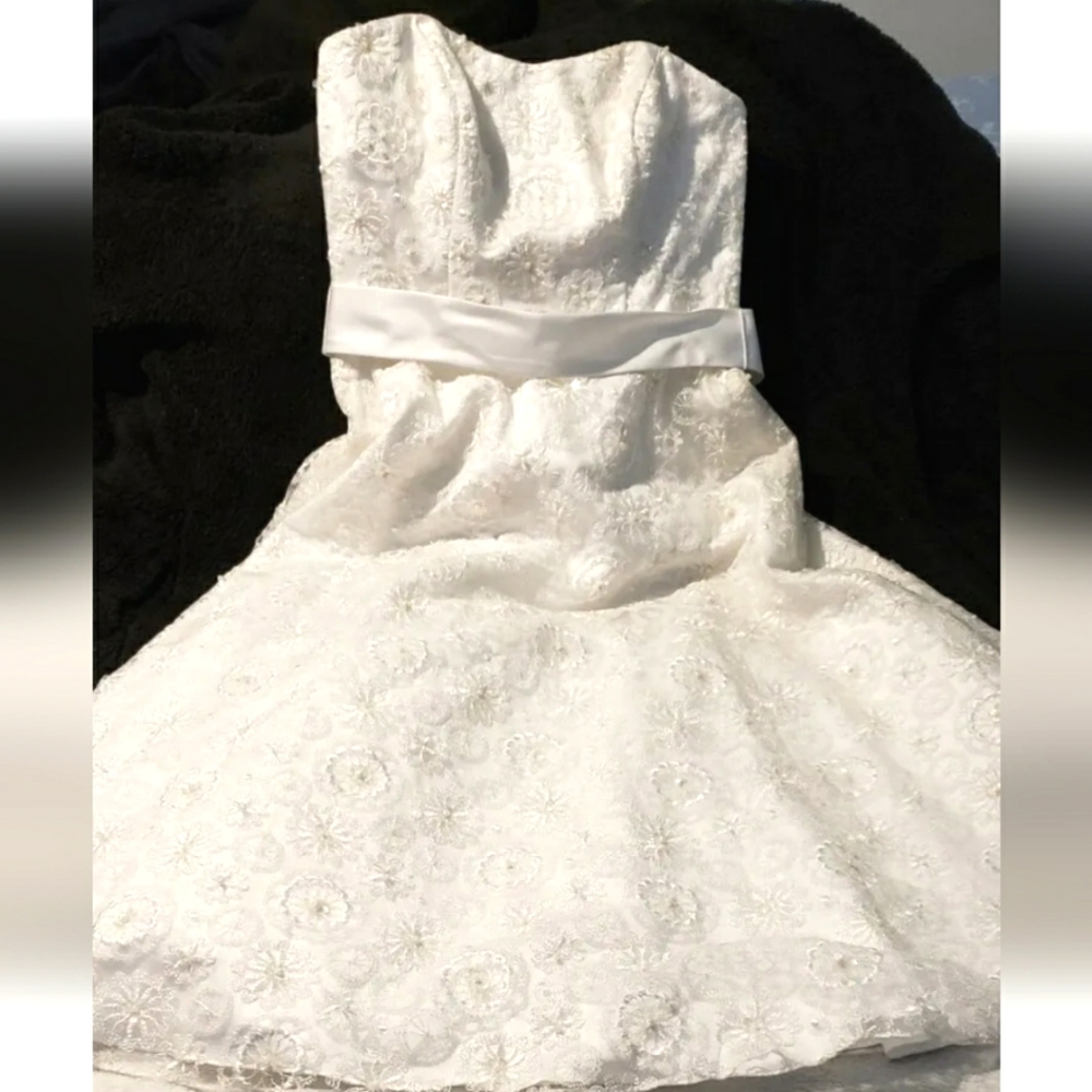David's Bridal 10042334 size 6 White Strapless lace tea length Wedding Dress